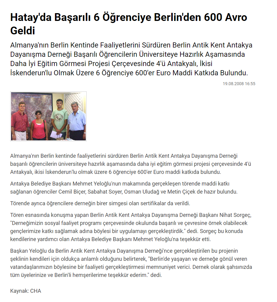 2008.08.19 www.haberler.com Hatayda Basarılı 6 Ogrenciye Berliden 600 Avro Geldi