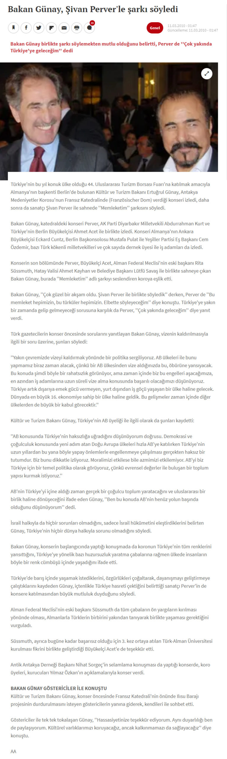 2010.03.11 www.haberturk.com Bakan Günay, Şivan Perver'le şarkı söyledi